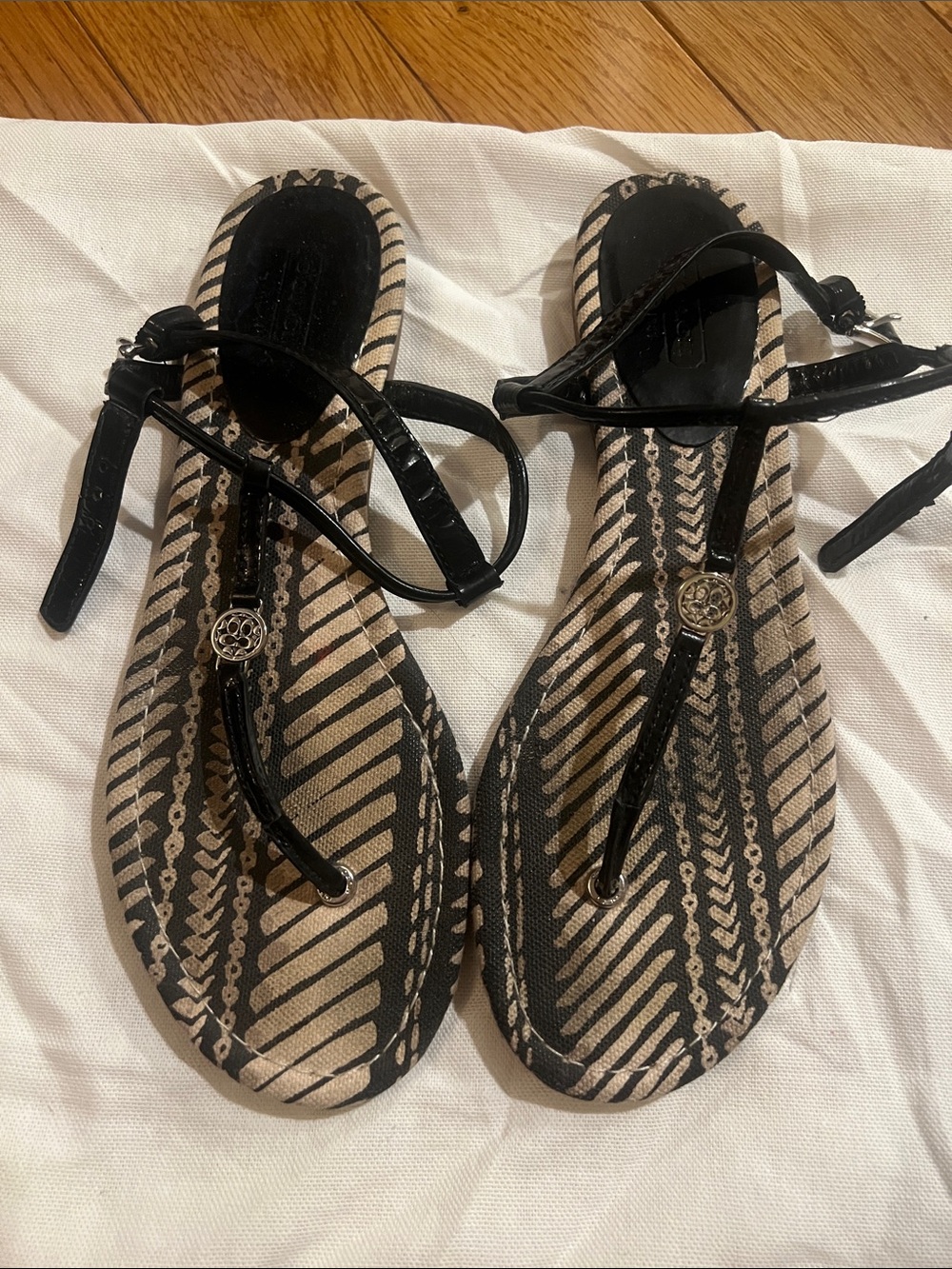 Coach Black Strappy Sandals with Beige Patterned Insole